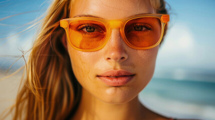 Charming young woman wearing bright orange sunglasses standing on sandy beach overlooking ocean on sunny day - obrazy, fototapety, plakaty