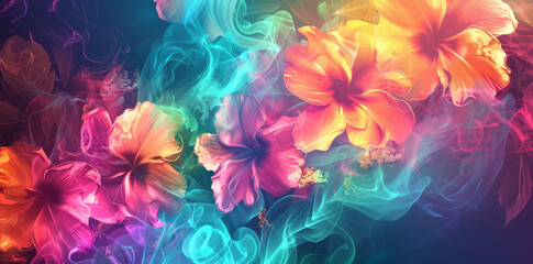 Colorful abstract background with colorful smoke and glowing flowers