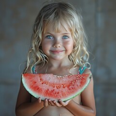 Happy little girl eating fruit