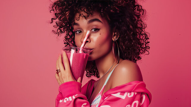 Photography of a celebrity wearing an outfit with the word on it, drinking a raspberry smoothie