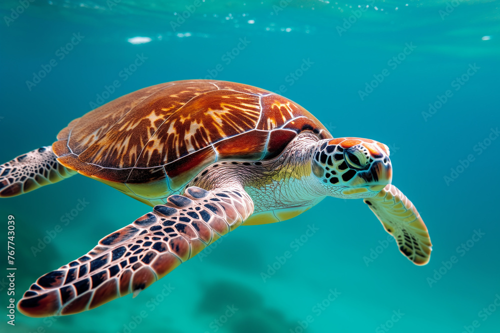 Poster a turtle swimming in the ocean. the turtle is brown and has a pattern on its shell. the water is blu