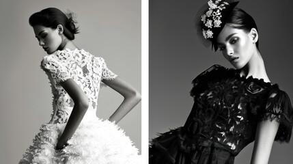 Two models pose strikingly in ornate couture dresses, showcasing high-fashion designs in monochrome