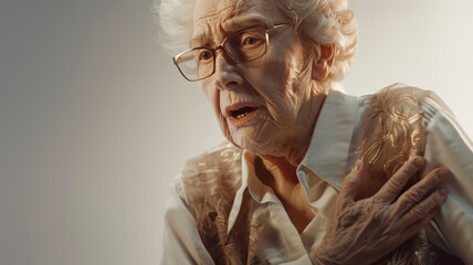 Senior elderly woman clutching her left chest from acute pain - obrazy, fototapety, plakaty