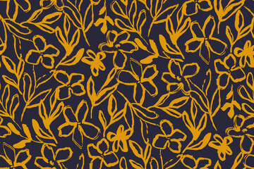 Simple monochrome two-color seamless pattern with flowers silhouette.