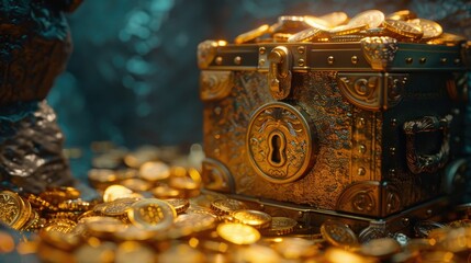 A vibrant 3D scene showing a vintage safe box amidst a treasure of golden coins