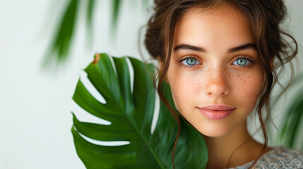 Naklejka premium Close up portrait of young beautiful woman with green leaf on light background