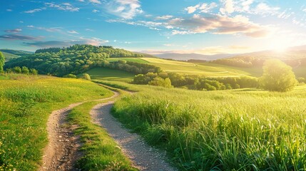 Obraz premium Picturesque winding path through a green grass field in hilly area in morning