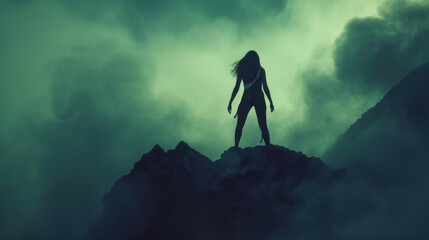 A silhouette stands atop a rocky outcrop, enveloped by a mysterious green fog under the evening sky