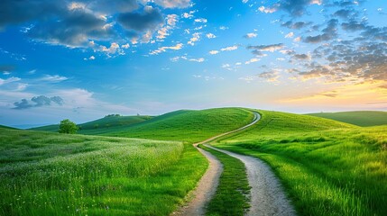 Picturesque winding path through a green grass field in hilly area in morning