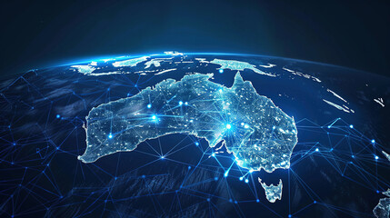 Obraz premium Digital map of Australia, concept of global network and connectivity, data transfer and cyber technology, business exchange, information and telecommunication. Map for business