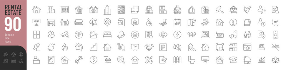 Rental Estate Line Editable Icons set. Vector illustration in modern thin line style of real estate related icons: property types, characteristics, documents, and more. Pictograms and infographics. - obrazy, fototapety, plakaty