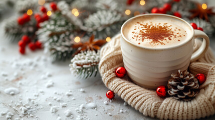 Obraz na płótnie Canvas Cappuccino with christmas decorations on a white wooden background.