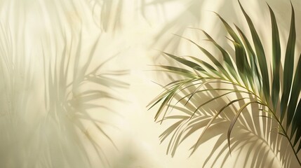 Fototapeta premium Blurred shadow from palm leaves on light cream wall. Minimalistic background for product presentation