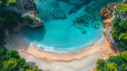 Aerial view of beautiful beach with turquoise water, white sand, turquoise water and cliffs in...