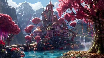 castle on fantasy world, with, candy, sweaty tree beautiful wonderland, - obrazy, fototapety, plakaty