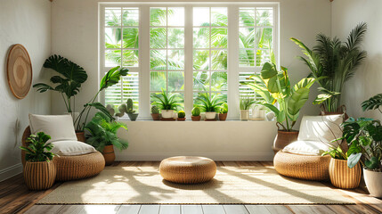 Interior of modern living room with tropical plants. 