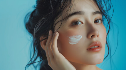 portrait of a korean woman applying face cream skin care product, blue background