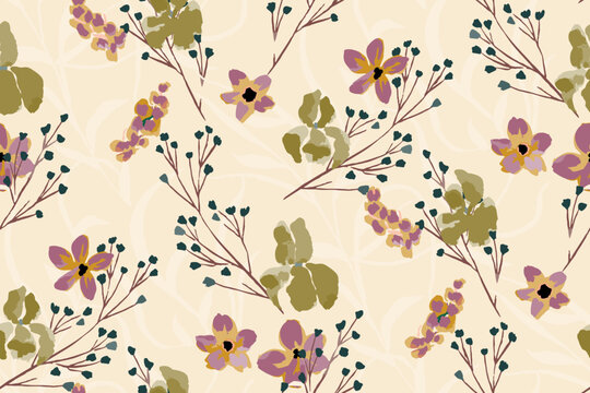  Cute feminine watercolor seamless pattern with wildflowers.hand drawn, not AI
