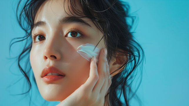portrait of a korean woman applying face cream skin care product, blue background