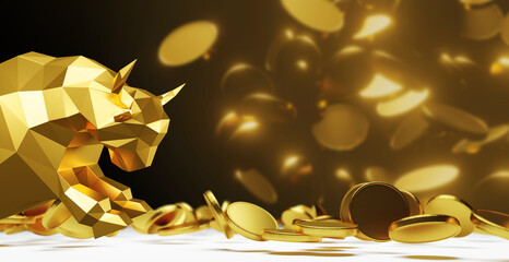 Bullish and gold coin falling on black background 3D render
