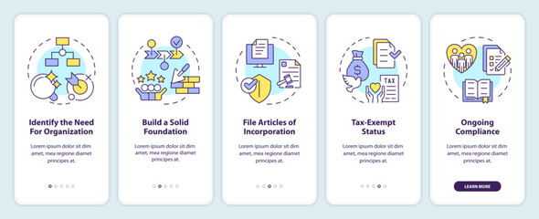Steps to start NPOs onboarding mobile app screen. Work of NGO walkthrough 5 steps editable graphic instructions with linear concepts. UI, UX, GUI template. Myriad Pro-Bold, Regular fonts used