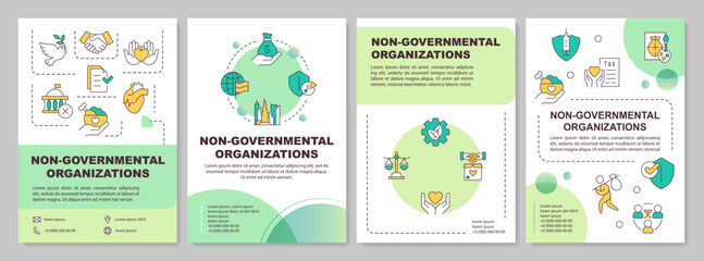 Non governmental organizations green circle brochure template. Leaflet design with linear icons. Editable 4 vector layouts for presentation, annual reports. Arial-Black, Myriad Pro-Regular fonts used