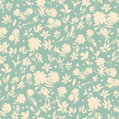 Simple monochrome two-color seamless pattern with flowers silhouette.