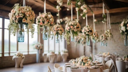Fotobehang Experience original wedding floral decoration with mini-vases and bouquets of flowers hanging elegantly from the ceiling, adding charm and romance to the venue. © Rashid