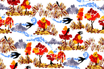 Swallows in the clouds seamless pattern. Not AI, drawn by hand.