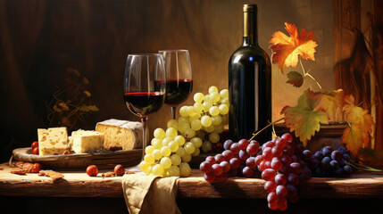 red wine, grapes and cheese still life