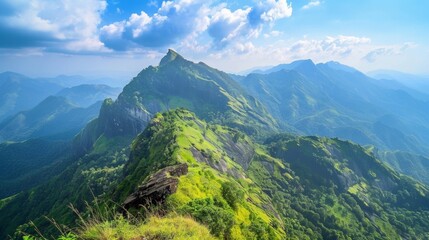 Naklejka na ściany i meble Majestic Mountain Range With Vibrant Green Grass