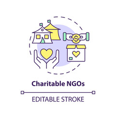 Charitable NGOs multi color concept icon. Non governmental organization. Humanitarian aid. Volunteer work. Round shape line illustration. Abstract idea. Graphic design. Easy to use in article