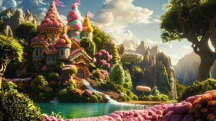 castle on fantasy world, with, candy, sweaty tree beautiful wonderland,
