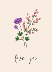 Flower card. Floral nature postcard, field plants, gentle wildflowers. Spring blossomed blooms, summer meadow herbs, stems, vertical romantic botanical background design. Flat vector illustration