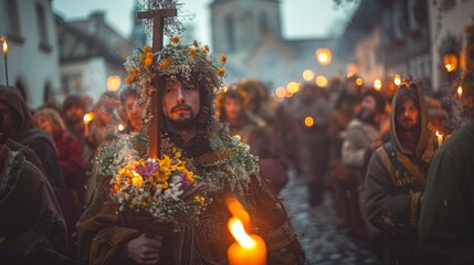 A man holds a candle in a crowded city square during a public event - obrazy, fototapety, plakaty