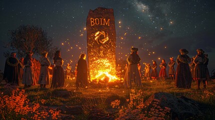 a group of people are standing around a fire - Powered by Adobe