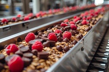 Muesli, crunch, breakfast cereal or cereal with raspberries and chocolate on a production line...