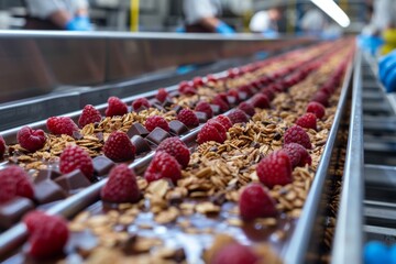 Breakfast cereal, muesli, crunch or flakes with raspberry on a production line conveyor, factory