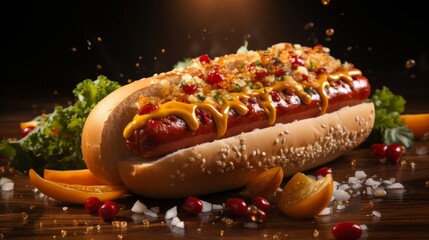 delicious full hot dog with ketchup and mustard - obrazy, fototapety, plakaty