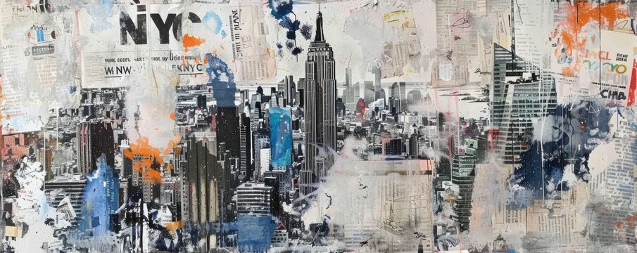 Dripping Paint Abstract. A Collage of Newspapers and the Iconic Empire State Building, Capturing the Pulse of New York City.