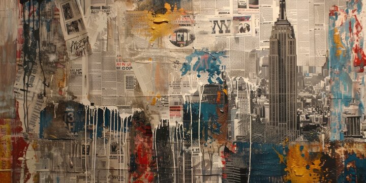 Dripping Paint Abstract. A Collage of Newspapers and the Iconic Empire State Building, Capturing the Pulse of New York City.