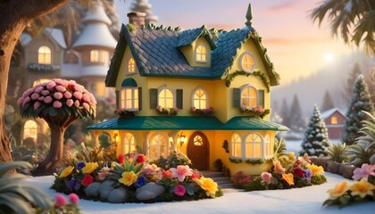 A picturesque pineapple-inspired house nestled in a fairy garden, with an array of colorful flowers accentuating its beauty, as the winter sun casts a warm glow over the serene scene.