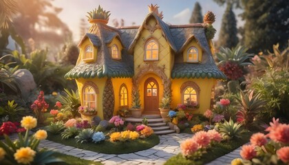 A picturesque pineapple-inspired house nestled in a fairy garden, with an array of colorful flowers accentuating its beauty, as the winter sun casts a warm glow over the serene scene.