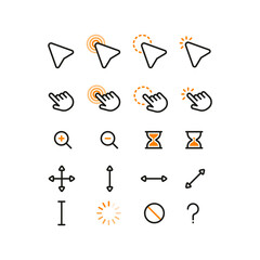 A set of orange flat simple cursor icons. Minimalistic flat mouse cursor, pointer, hand, zoom in, zoom out.