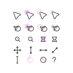 A set of pink flat simple cursor icons. Minimalistic flat mouse cursor, pointer, hand, zoom in, zoom out.