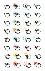 A set of flat simple finger pointer icons in different colors. Simple and minimalistic mouse pointer icons.