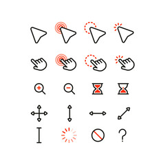 A set of red flat simple cursor icons. Minimalistic flat mouse cursor, pointer, hand, zoom in, zoom out.