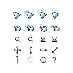A set of blue flat simple cursor icons. Minimalistic flat mouse cursor, pointer, hand, zoom in, zoom out.