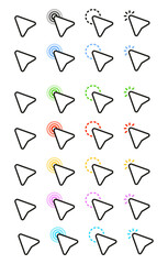A set of flat simple cursor icons in different colors. Simple and minimalistic mouse cursor icons.
