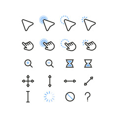 A set of blue flat simple cursor icons. Minimalistic flat mouse cursor, pointer, hand, zoom in, zoom out.